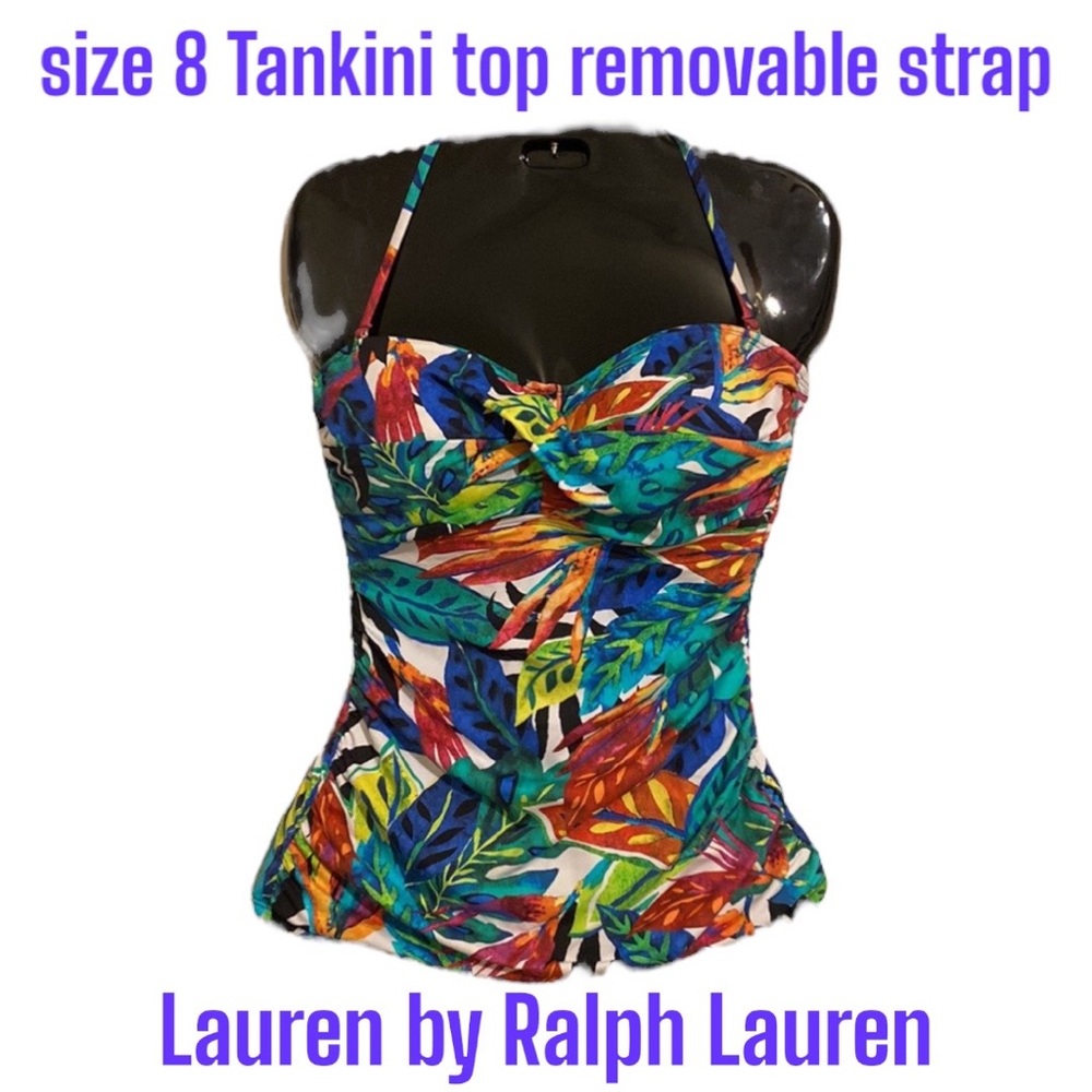 Size 8 Ralph Lauren Bright Tropical Leaf Tankini Top Neckstrap Opt Orange Yellow